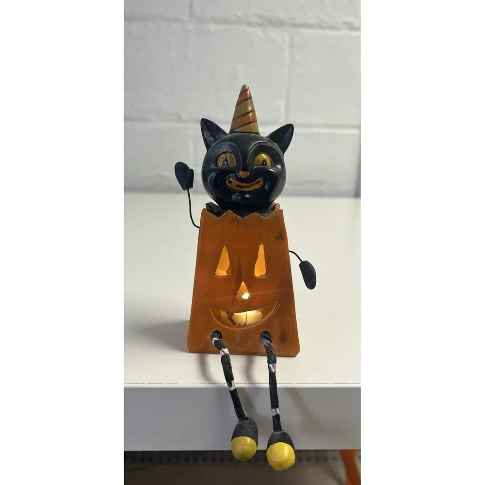 JOHANNA PARKER Retro Cat Pumpkin Shelf Sitter Light Up Treat Bag‎ jack o lantern
